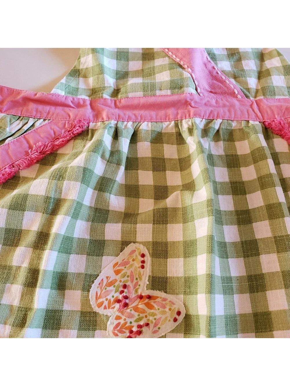 Happy Easter Cotton Bib Apron Green Check Pink Trim Embroidered Kitchen Cook